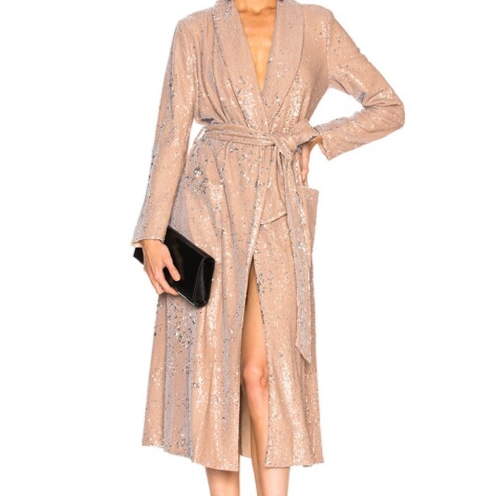 LPA Sequin Trench Coat Jacket Dress Medium Beige Silver Sparkle $450 Retail